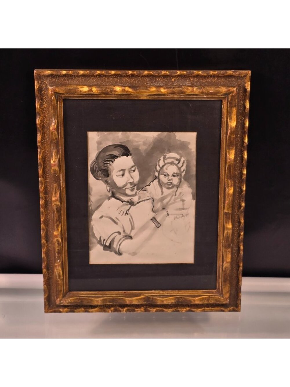 Woman With Infant Vintage '94 Original Monochrome Ink Watercolor Painting Signed